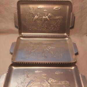 Embossed Vintage 1920s Aluminum Tray & Coaster Set – Art Deco Herons, Mountains